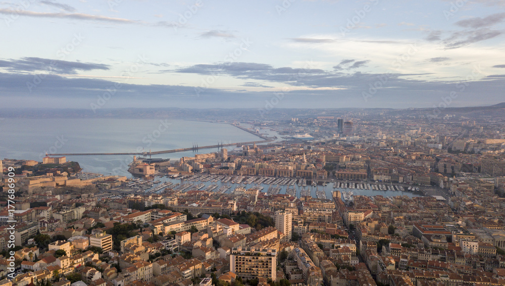 Aerial view the old port of Marseille in the morning