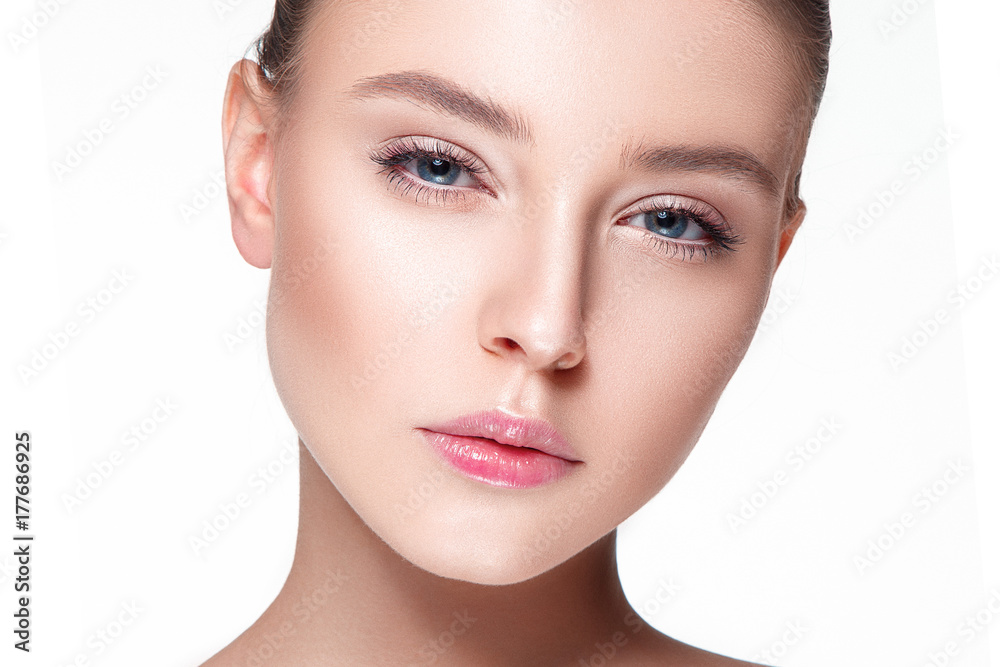 Beautiful woman portrait with fresh clear nude make up, healthy skin, skin care.