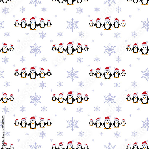 Penguins in a Santa hats. Snowfall. Seamless pattern. Vector. Flat.