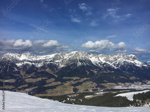 Beautiful mountain range (Kaiser Mountains) and ski run at Wilder Kaiser region in Tyrol, Austria