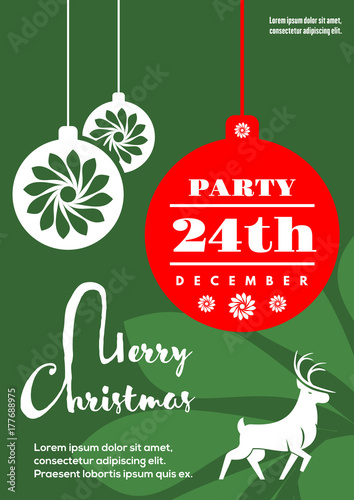 Merry Christmas Party poster template with Deer and christmas balls. Vector illustration