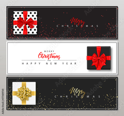 Merry Christmas Horizontal Banners Set With gift boxes. Vector Illustration. Happy New Year Concept. Season Greetings. Concept for web banners and promotional materials.