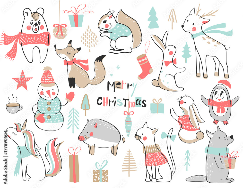 Christmas and New Year. Cute vector set with cute hand-drawn animals. Vector illustration.