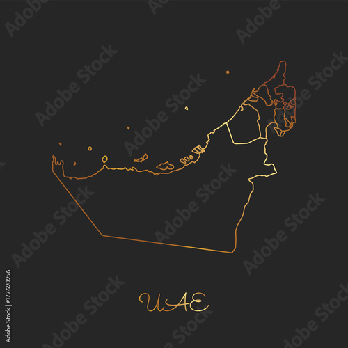 UAE region map: golden gradient outline on dark background. Detailed map of UAE regions. Vector illustration.