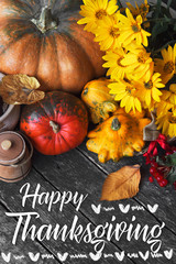 Thanksgiving day concept - traditional holiday food with pumpkins on old wooden. space for text 