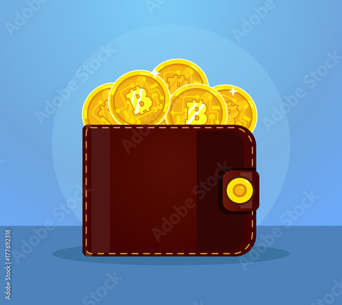 Wallet full of bitcoins icon. Vector flat cartoon illustration