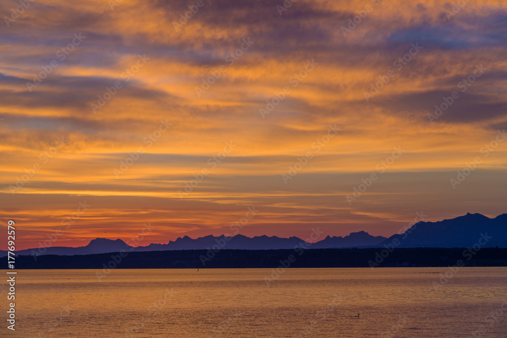 Beautiful sunrise at the lake Geneva Switzerland