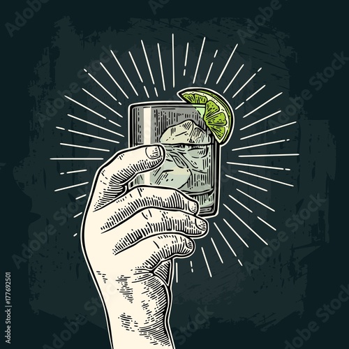 Male hand holding a glass with gin. Vintage vector engraving
