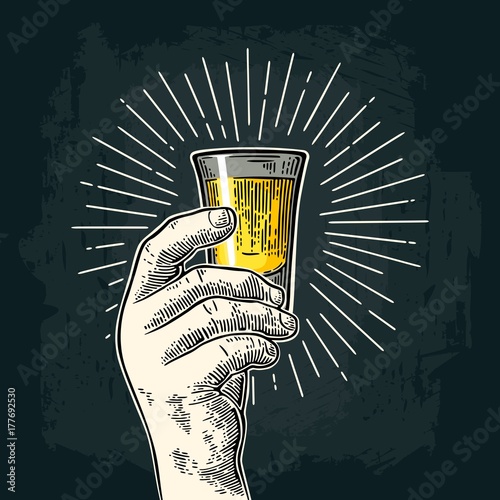 Male hand holding glass rum. Vintage vector engraving