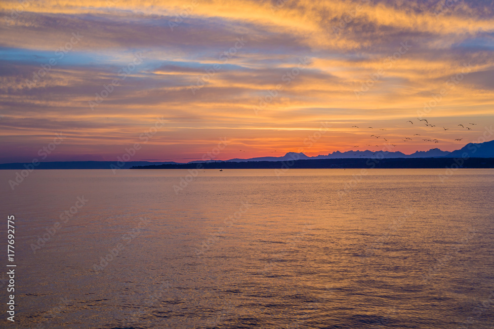 Fototapeta premium Beautiful sunrise at the lake Geneva Switzerland