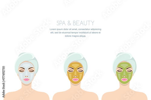 Vector isolated illustration of woman with facial cosmetic mask. Female with golden mask, green seaweed mud and white clay peeling. Design for beauty salon, face cosmetology procedures and spa.