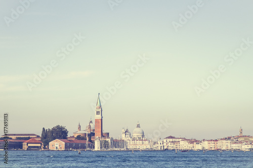 Bell tower of St Mark's Square and Doge's Palace Venice Italy with marina for sailboats, , Viewpoint from canal, Bell tower in Venice, Background Venice in Italy