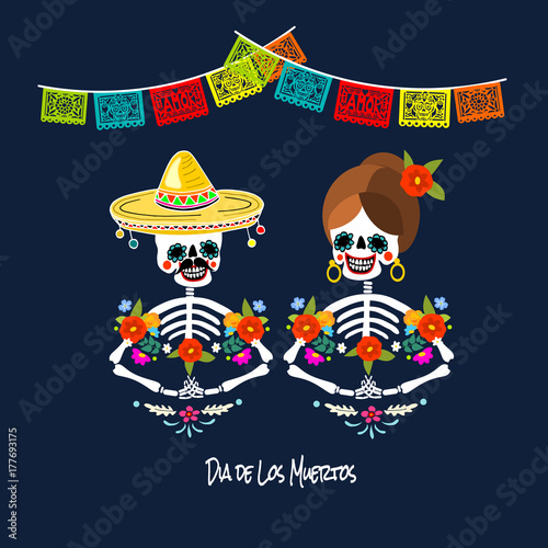 Mexican Dia de los Muertos (Day of the Dead) skeleton couple, greeting card, vector illustration.
