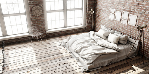 Minimalistik bedroom layout in loft style in the rays of sunlight.