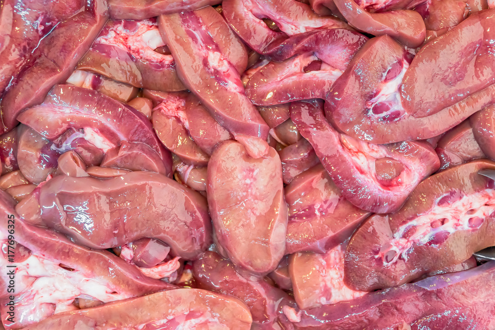 Close-up pieces of raw pork liver