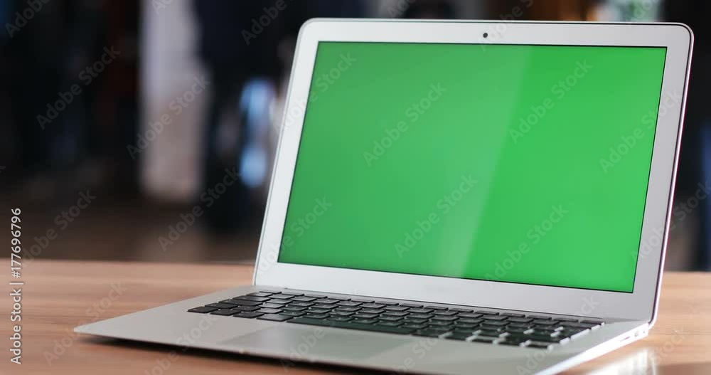 mockup shoot notebook laptop blank green screen chromakey wooden table chroma key keyboard closeup internet modern technology hitech open monitor digital device network application browser mock up