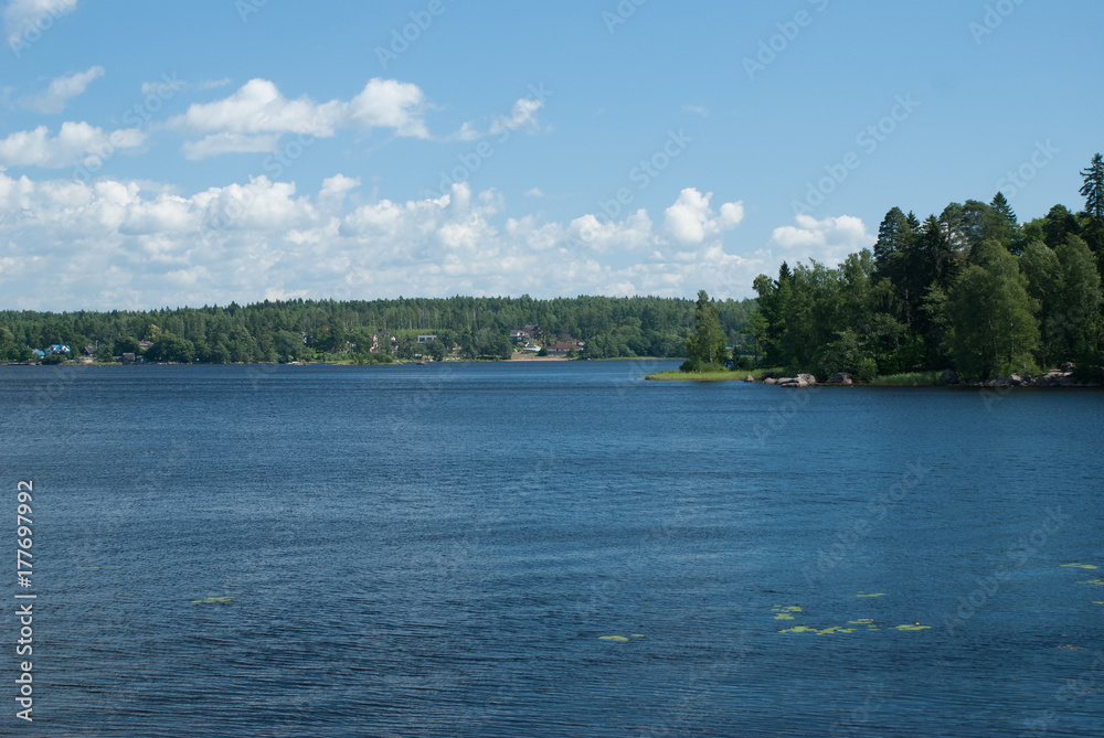 Forest lake with storm clouds. Natural landscape Forest lake with storm clouds. Natural landscape