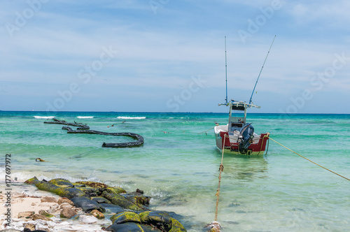 Docked Boats in a Beach Scene at Playa del Carmen, Quintana Roo, Mexico