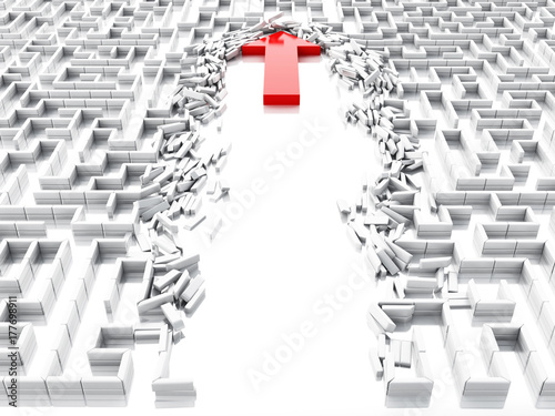 Fototapeta Naklejka Na Ścianę i Meble -  3d Blue arrow breaking down the walls in the maze