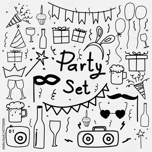 Hand Drawn Doodle Party Set. Vector Illustration.