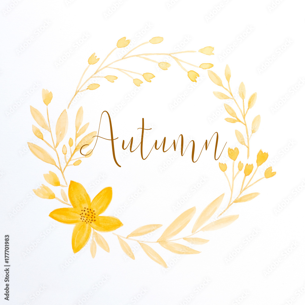 Autumn word and drawing autumn flowers wreath in watercolor style on white paper background, greeting card, banner
