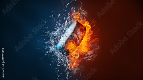 Ice hockey puck exploding by elements fire and water. Background for sports tournament poster or placard. Vertical design with copy space. photo