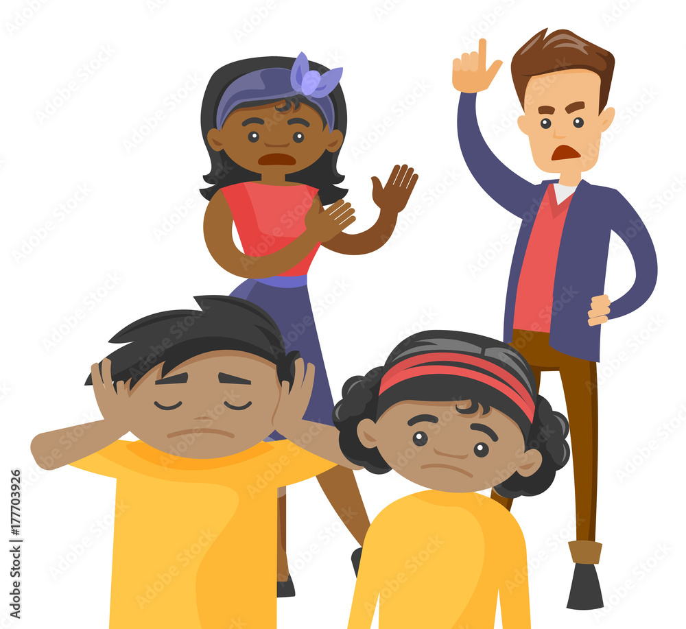 African mother and Caucasian white father scolding their kids. Kids feel sad while their multiracial parents quarreling. Multiracial mixed family concept. Vector isolated cartoon illustration. African mother and Caucasian white father scolding their kids. Kids feel sad while their multiracial parents quarreling. Multiracial mixed family concept. Vector isolated cartoon illustration.