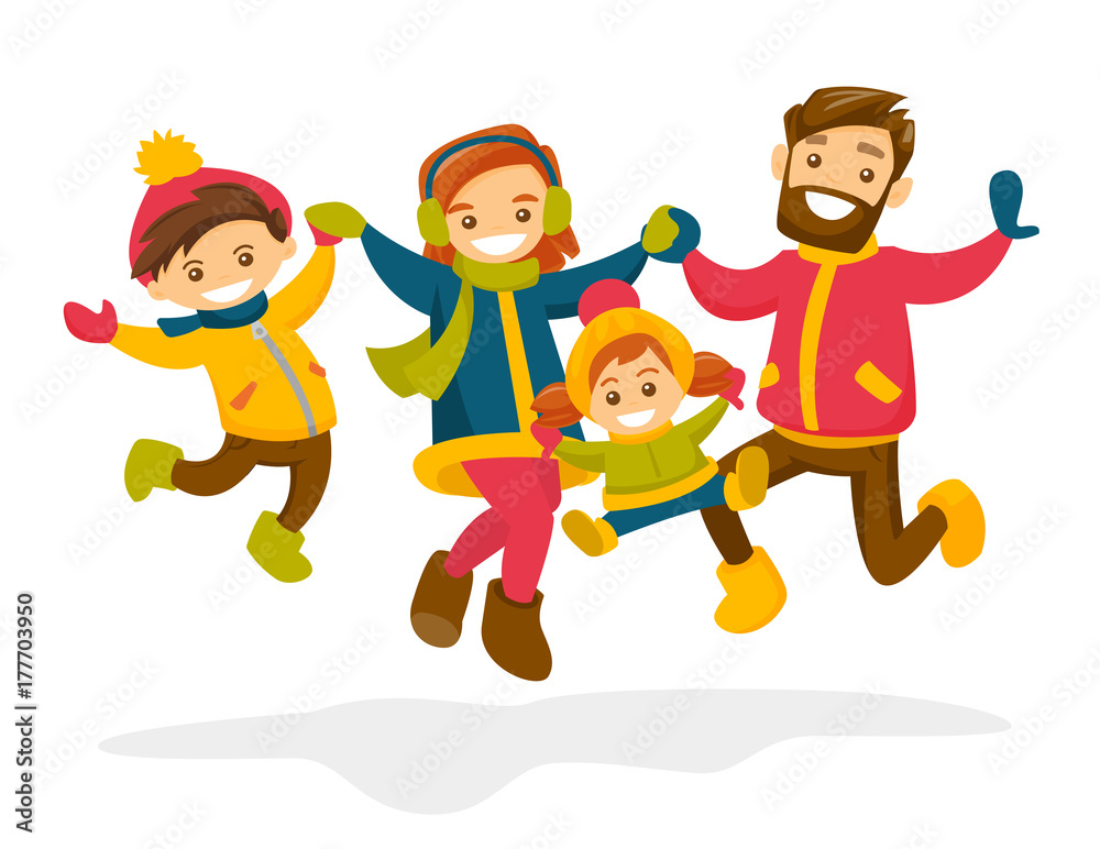 Caucasian white family jumping and having fun together in winter. Smiling  parents and their children playing in the snow. Family time and winter  leisure concept. Vector isolated cartoon illustration. Stock Vector |