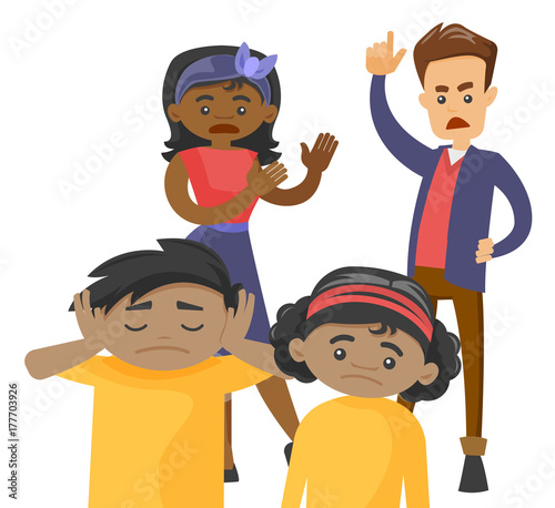 African mother and Caucasian white father scolding their kids. Kids feel sad while their multiracial parents quarreling. Multiracial mixed family concept. Vector isolated cartoon illustration.