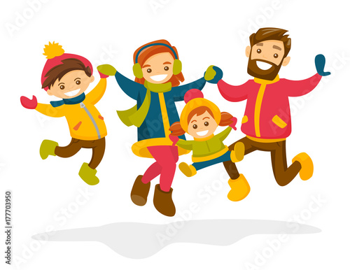 Caucasian white family jumping and having fun together in winter. Smiling parents and their children playing in the snow. Family time and winter leisure concept. Vector isolated cartoon illustration.