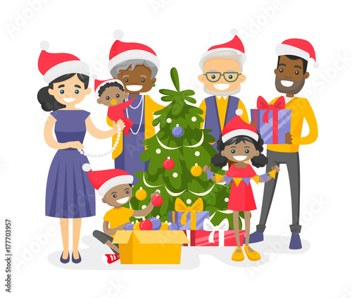 Big happy multiracial multigenerational family decorating the Christmas tree. Cheerful biracial grandparents, parents and kids celebrating Christmas. Vector isolated cartoon illustration.