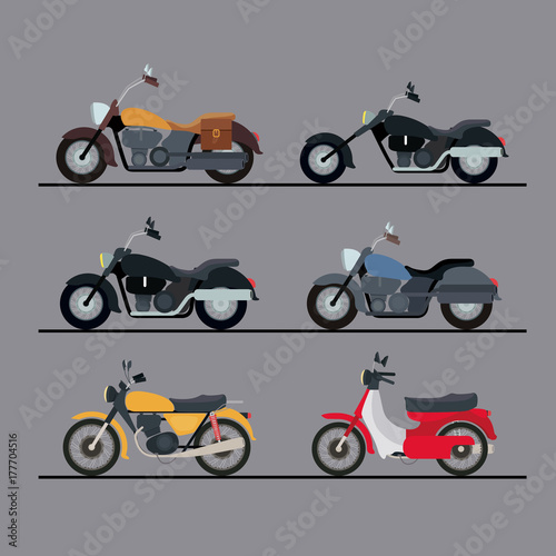 colorful motorcycles set with several models in gray background