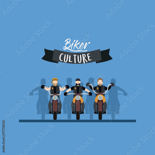 biker culture poster with motorcyclists gang in blue background