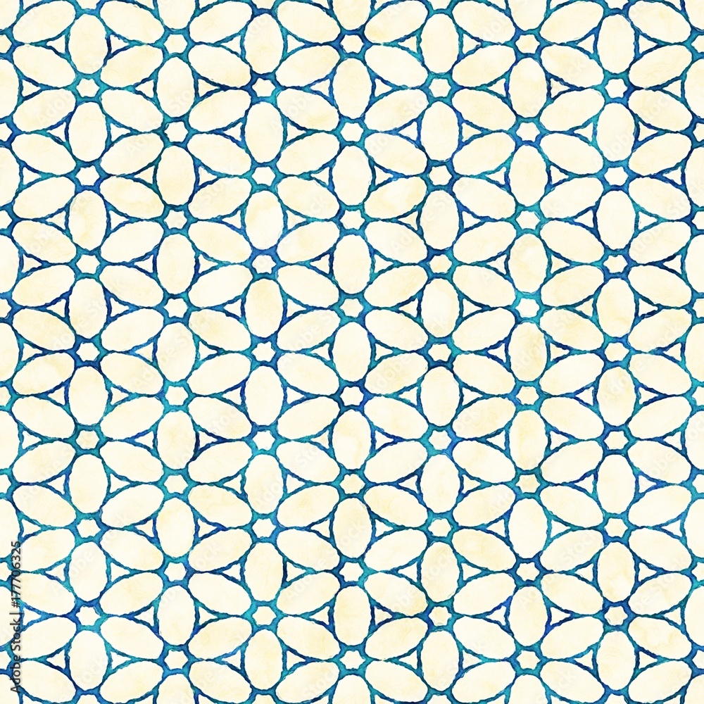 Naklejka premium Native batik seamless watercolor artistic boho style colorful square pattern.