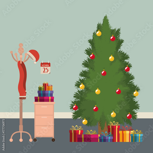 christmas workplace scene with file cabinet and big christmas tree with gifts