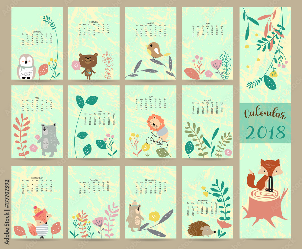 Colorful cute monthly calendar 2018 with wild,fox,bear,leaf,stump,flower,penguin and porcupine.Can be used for web,banner,poster,label and printable