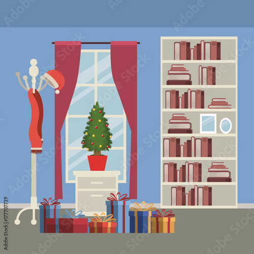 christmas home scene with window background and bookshelf of books with small christmas tree in pot over table and gifts
