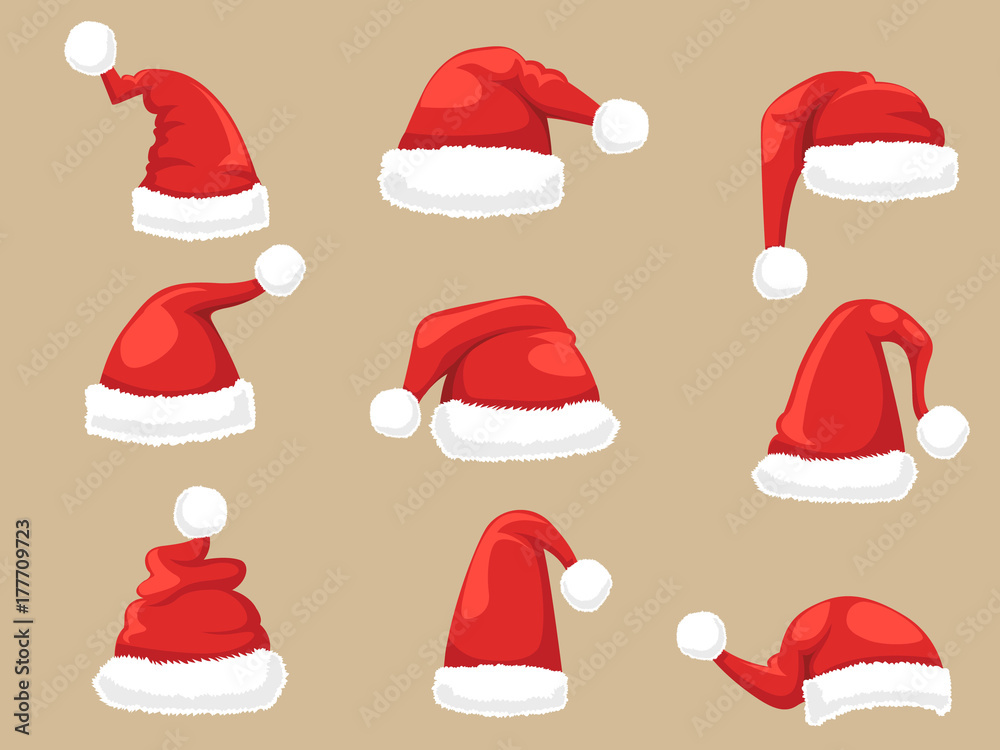 Santa Claus hat set. Collection of Christmas and New Year hats Santa Claus hat set. Collection of Christmas and New Year hats
