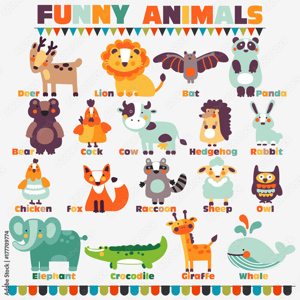 Big funny animal set in bright colors made of wild and domestic animals  with their names written beside them Stock Vector | Adobe Stock