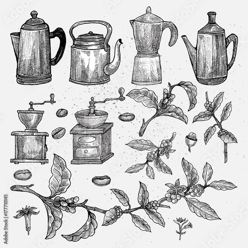Hand-drawn Vintage Coffee Set. Isolated artwork object. Suitable for and any print media need.
