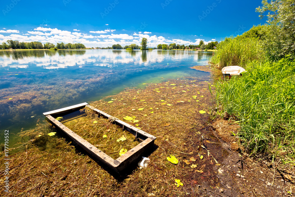 Fototapeta premium Old sinked boat on Soderica lake
