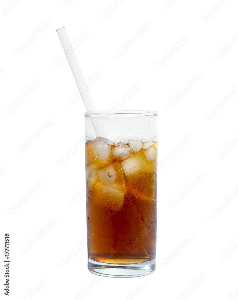 glass of cocktail or tea with glass drinking straw, ice and lemon isolated on white. object; beverage. glass of cocktail or tea with glass drinking straw, ice and lemon isolated on white. object; beverage.