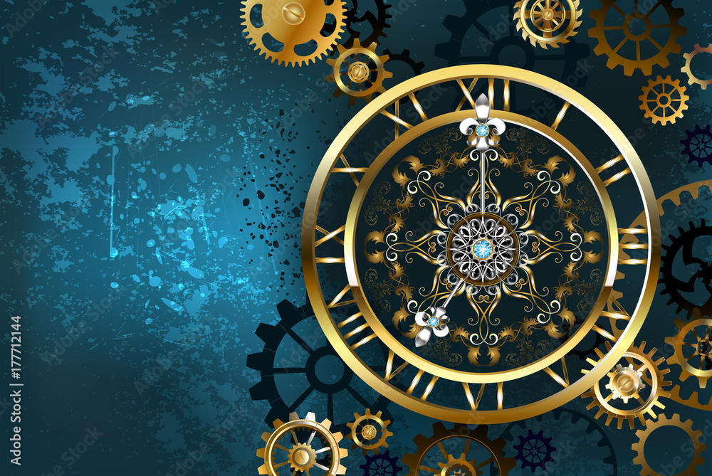 Golden clock on turquoise background