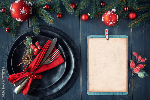 Christmas menu mockup on dark background, space photo