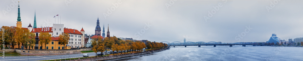 Panoramic view on Riga city. The city is capital of Latvia and famous Baltic city widely known among tourists due to its unique medieval and Gothic architecture
