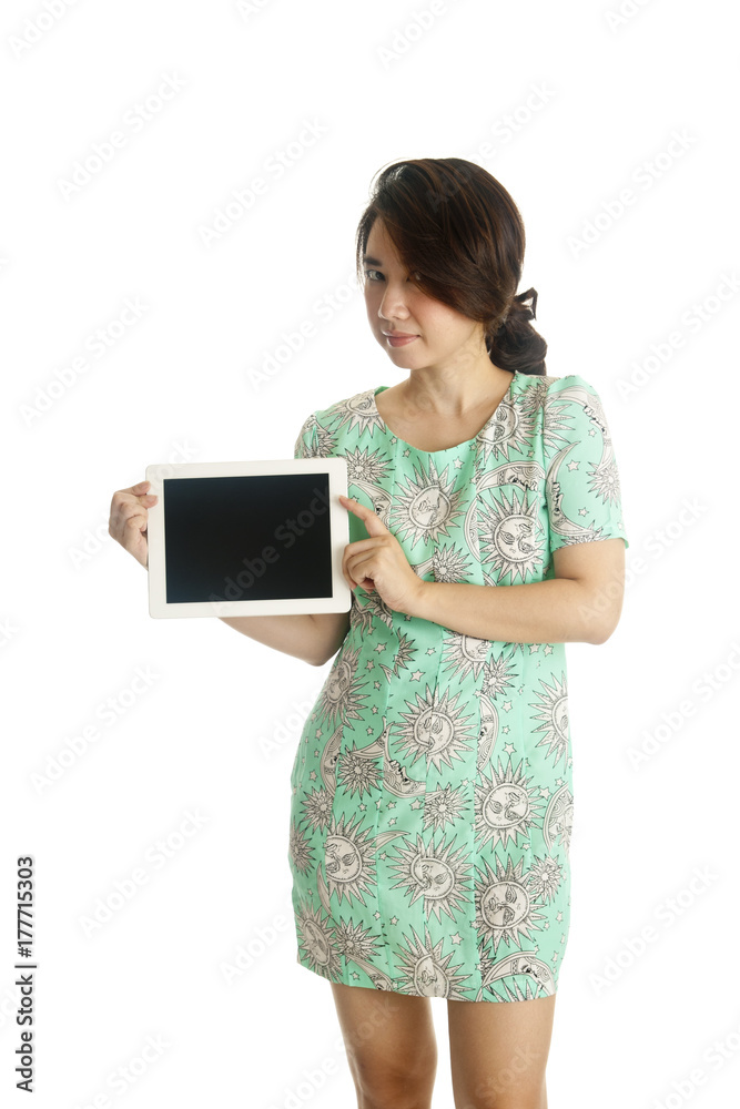 Female holds and touch tablet computer Female holds and touch tablet computer