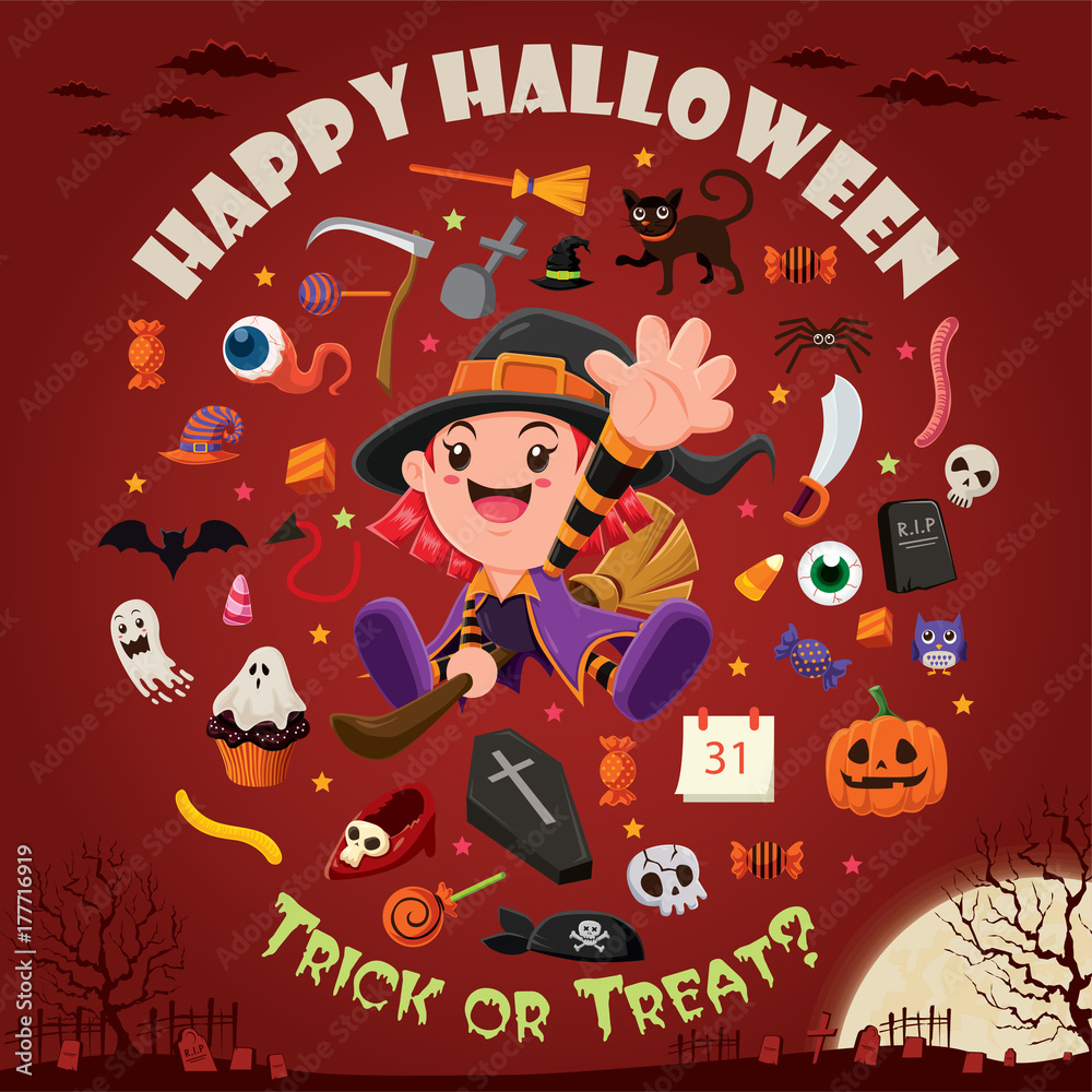 Vintage Halloween poster design with vector witch character.