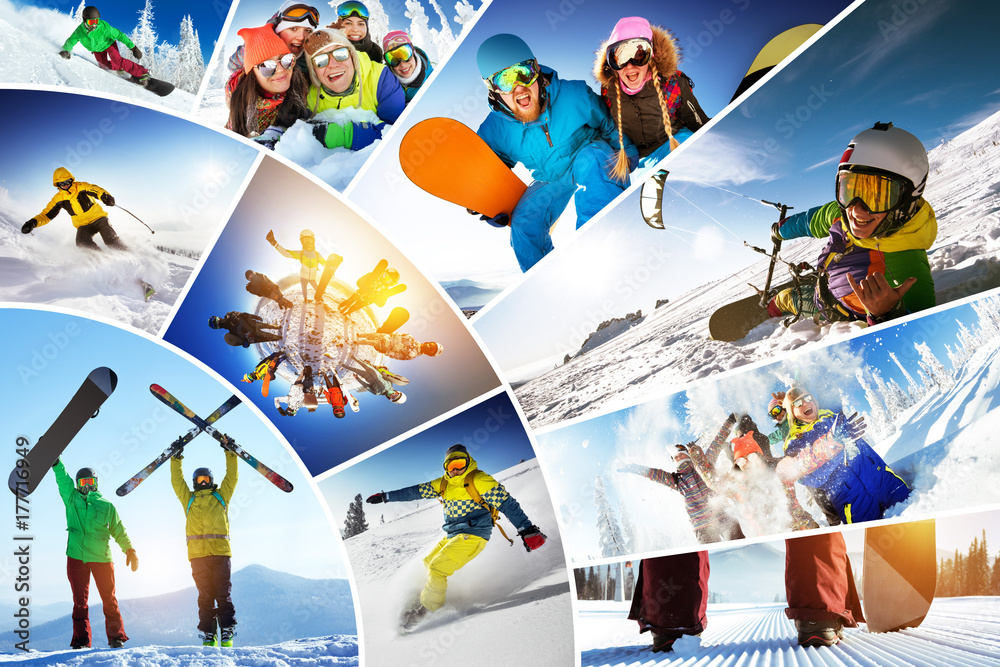 Mosaic collage ski snowboard winter sports - obrazy, fototapety, plakaty 