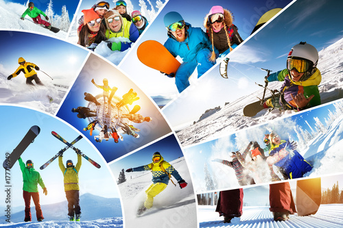 Mosaic collage ski snowboard winter sports