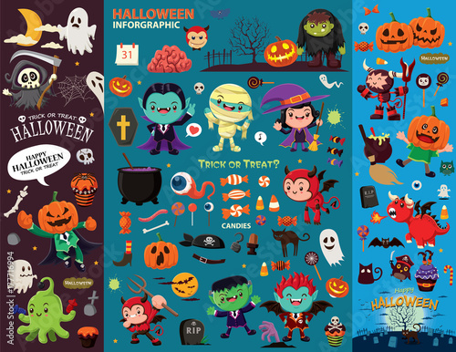 Vintage Halloween poster design with ghost, witch, vampire, mummy, reaper, zombie, pirate character.